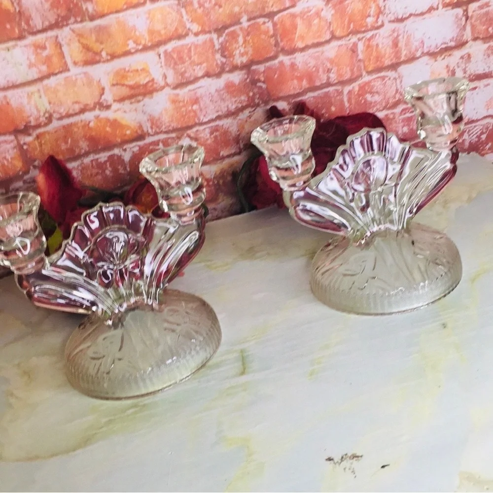 Antique Depression Glass Iris and Herringbone Pattern Double Candle Sticks